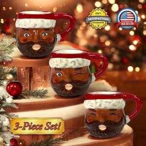 3pc African American Santa Claus Mini Mugs, Holiday Shot Glasses Ornaments Decor